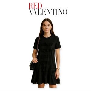 RED Valentino Black Cotton Tulle Mesh Cocktail Dress Short Sleeve Party Size M